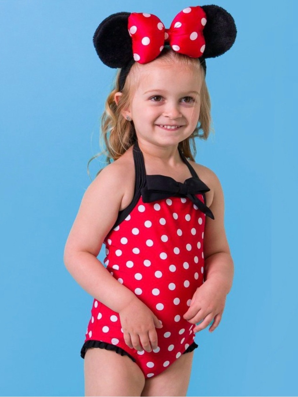 Red Polka Dot Girls One-Piece Swimsuit with Black Trim